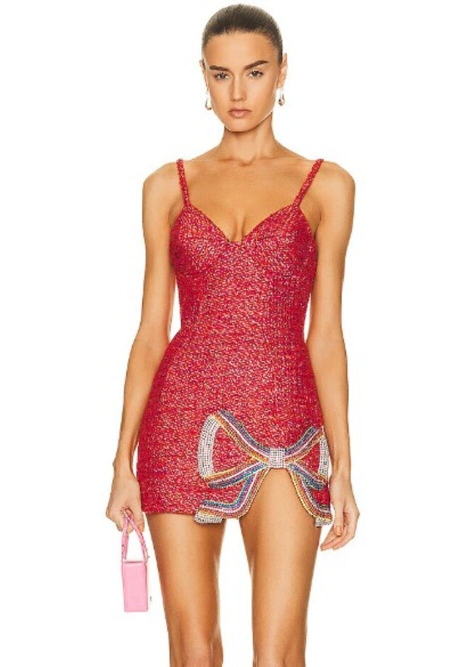 Area Crystal Bow Mini Dress Red Metallic Tweed Size 8 Cocktail Dress $1,595